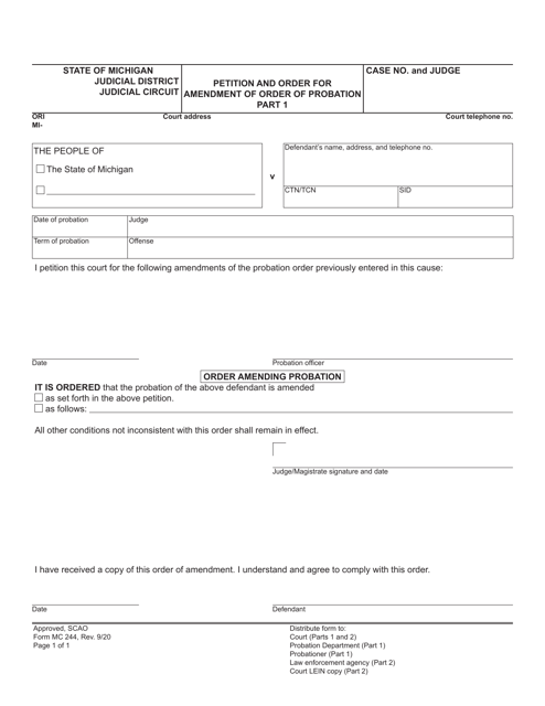 Form MC244 Petition and Order for Amendment of Order of Probation - Michigan