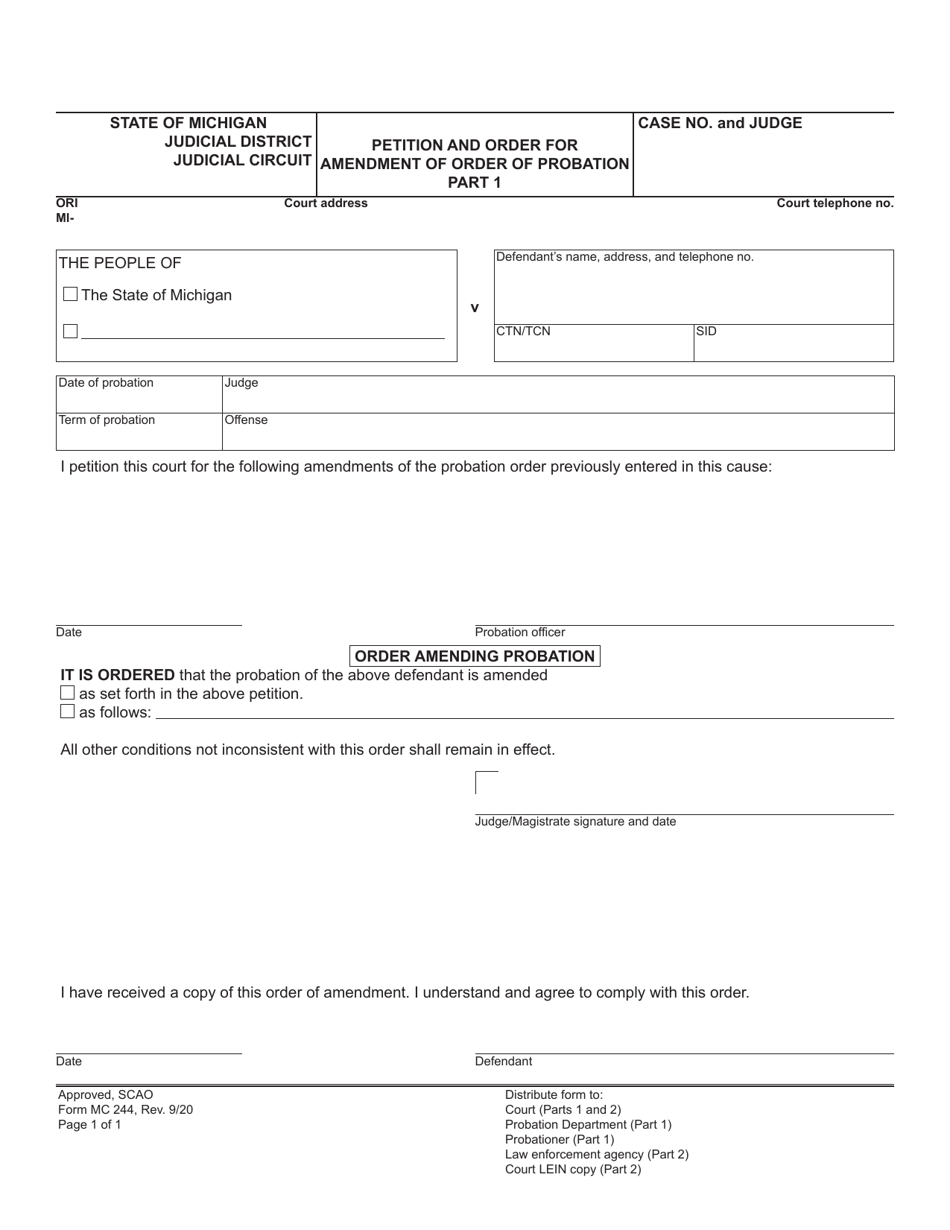 Form MC244 Petition and Order for Amendment of Order of Probation - Michigan, Page 1