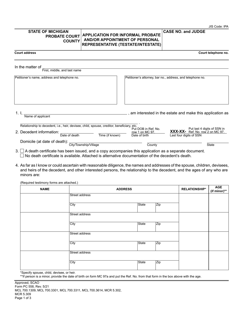 Form Pc558 Download Fillable Pdf Or Fill Online Application For Informal Probate Andor 3011