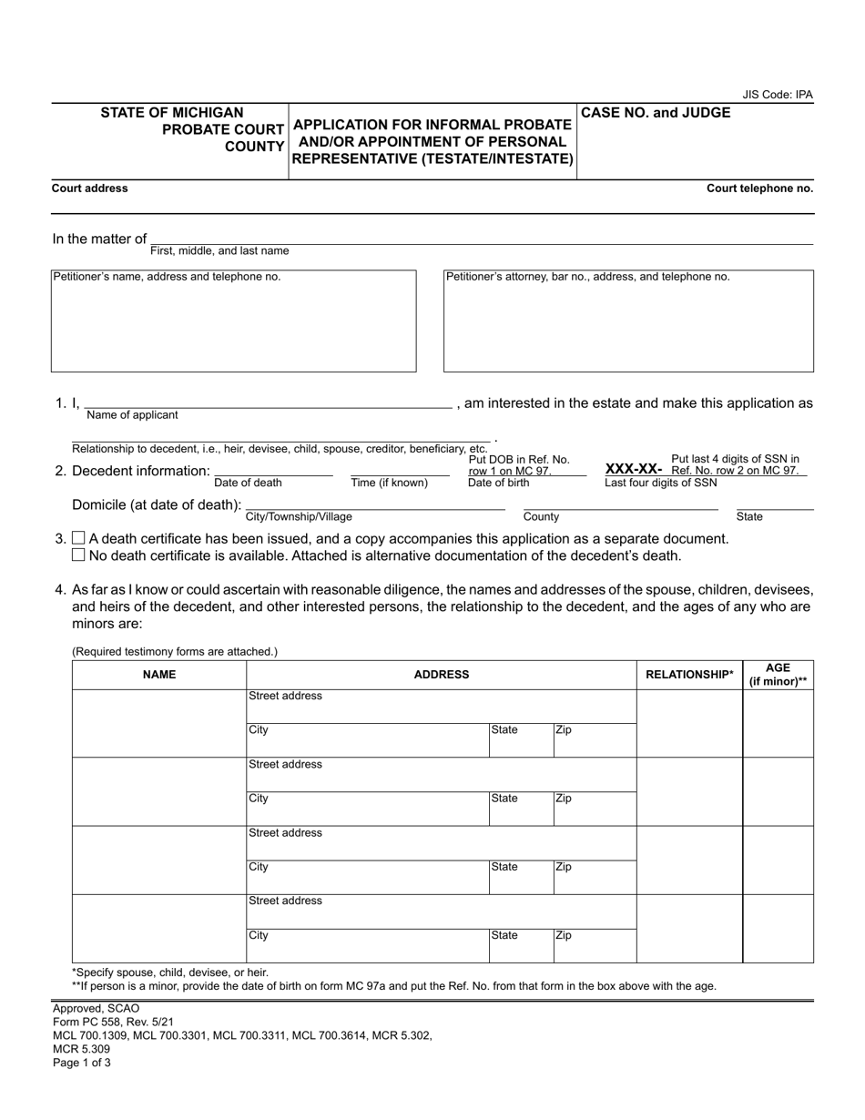 Form PC558 Application for Informal Probate and / or Appointment of Personal Representative (Testate / Intestate) - Michigan, Page 1