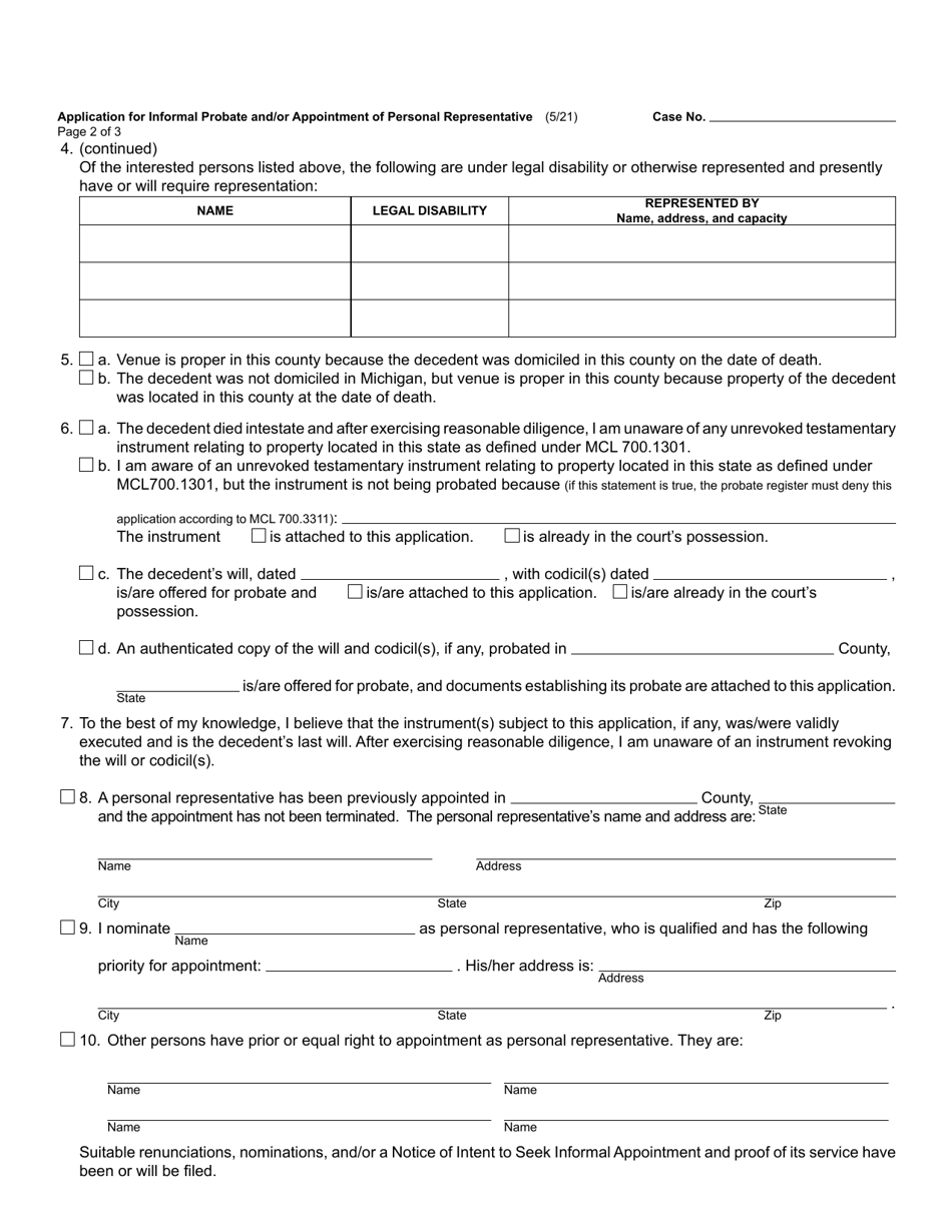 Form PC558 Application for Informal Probate and / or Appointment of Personal Representative (Testate / Intestate) - Michigan, Page 2