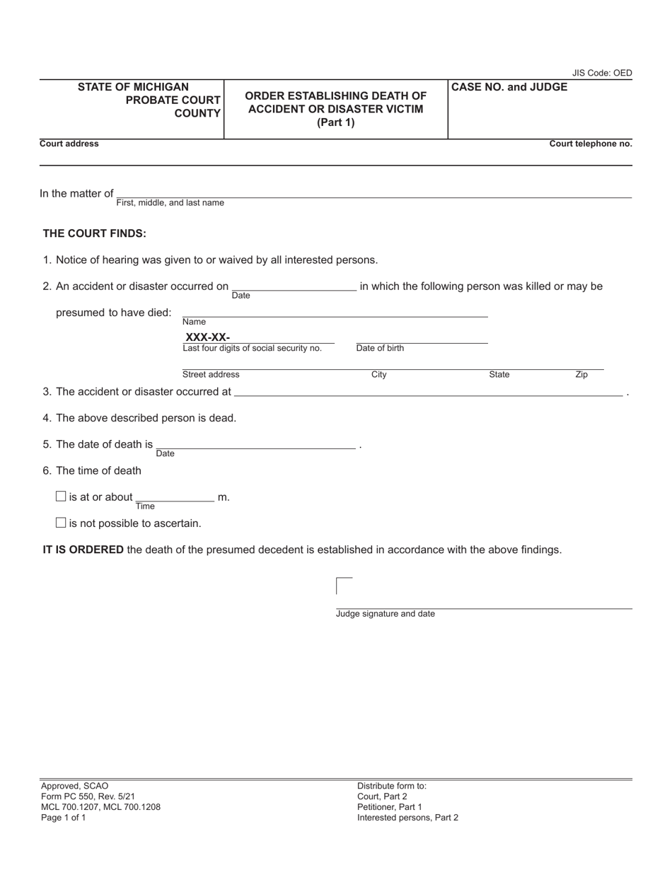 Form PC550 Order Establishing Death of Accident or Disaster Victim - Michigan, Page 1