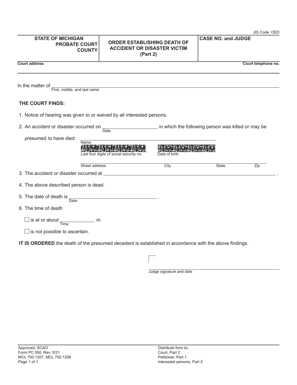 Form PC550 Order Establishing Death of Accident or Disaster Victim - Michigan, Page 2