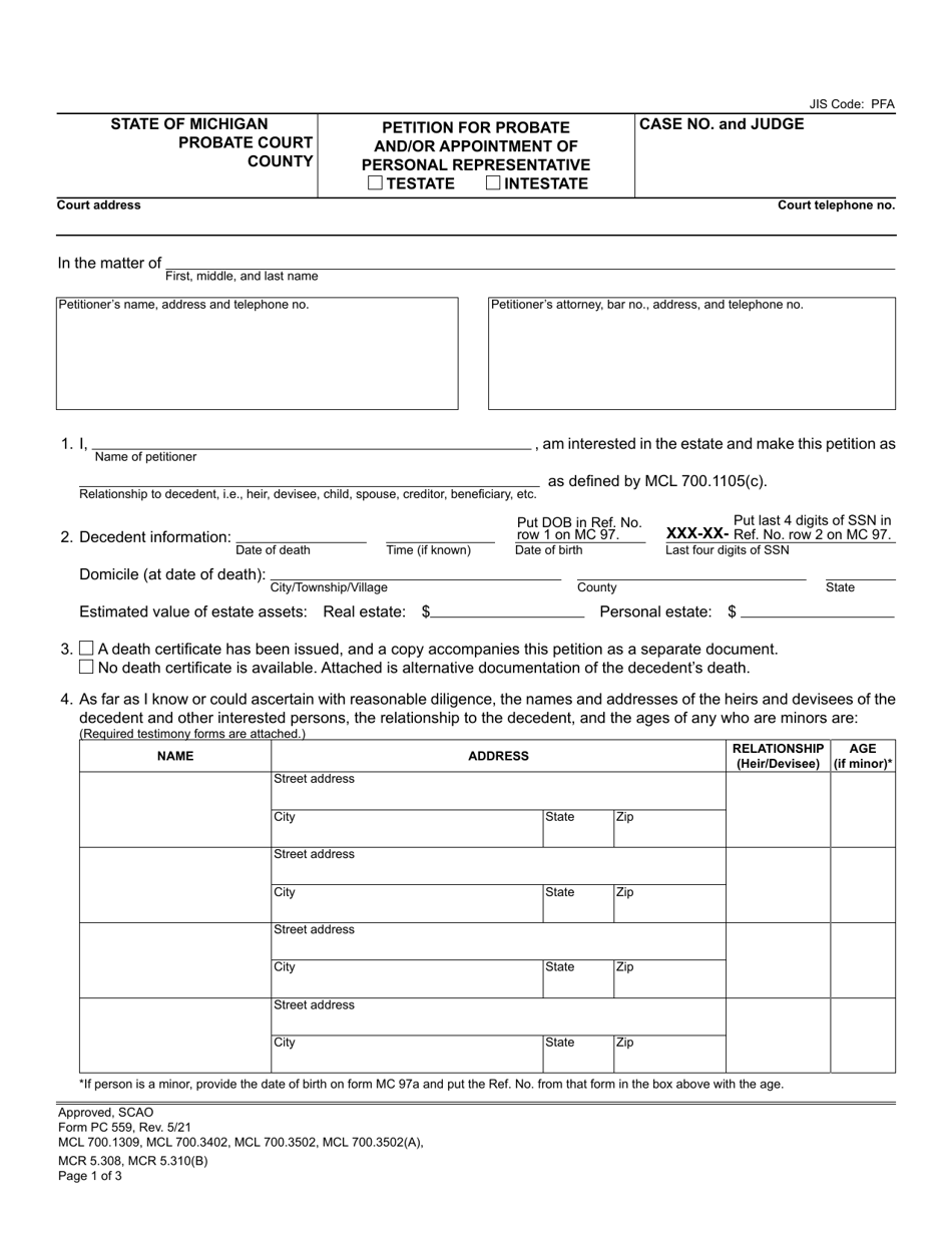 Form PC559 Petition for Probate and / or Appointment of Personal Representative (Testate / Intestate) - Michigan, Page 1