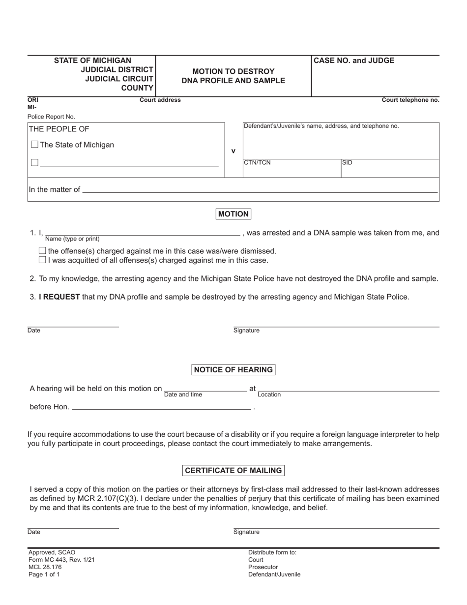 Form MC443 Download Fillable PDF or Fill Online Motion to Destroy Dna ...