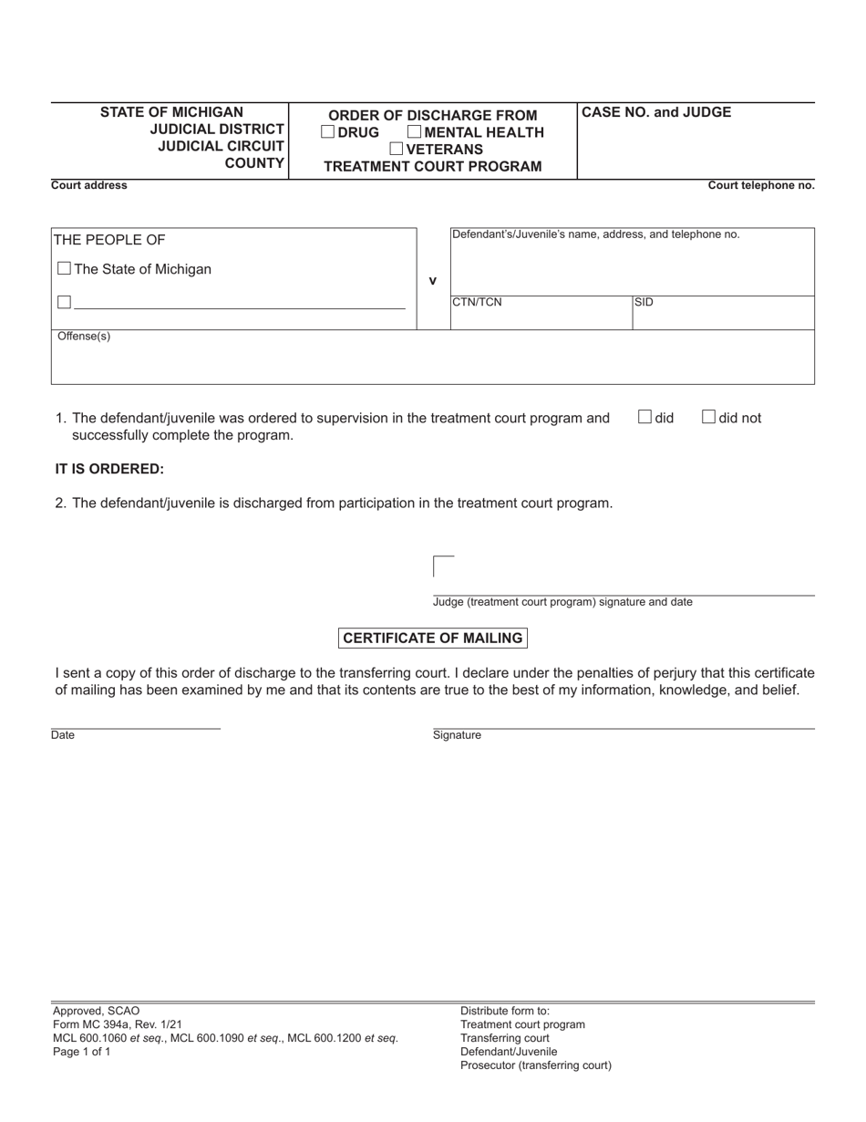 Form MC394A Order of Discharge From Treatment Court Program - Michigan, Page 1