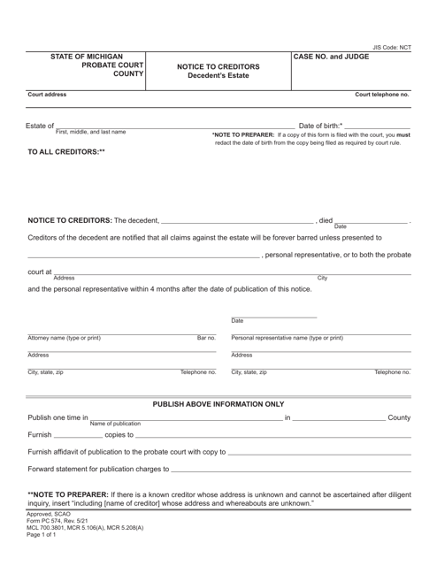 Form PC574 Notice to Creditors - Decedent's Estate - Michigan
