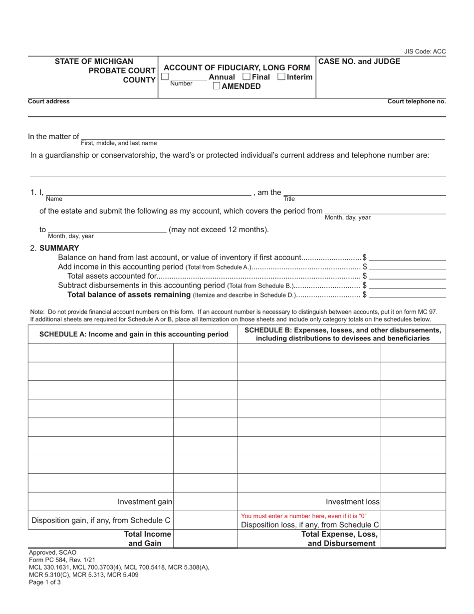Form PC584 Account of Fiduciary, Long Form - Michigan, Page 1