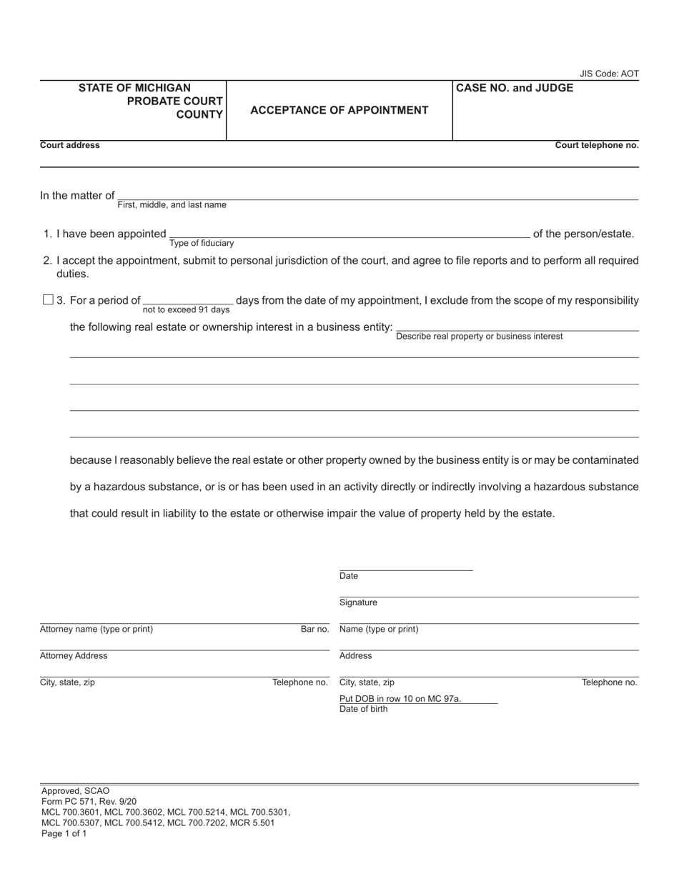Form PC571 Acceptance of Appointment - Michigan, Page 1