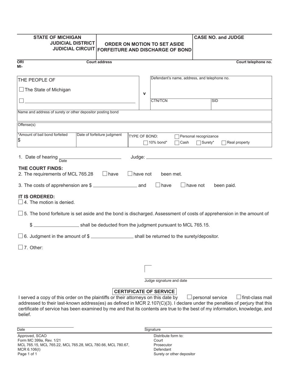 Form MC399A Order on Motion to Set Aside Forfeiture and Discharge of Bond - Michigan, Page 1