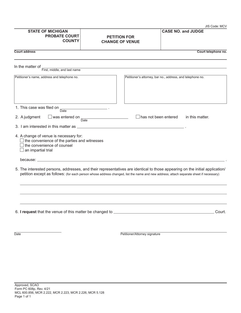 Form PC608P Petition for Change of Venue - Michigan, Page 1
