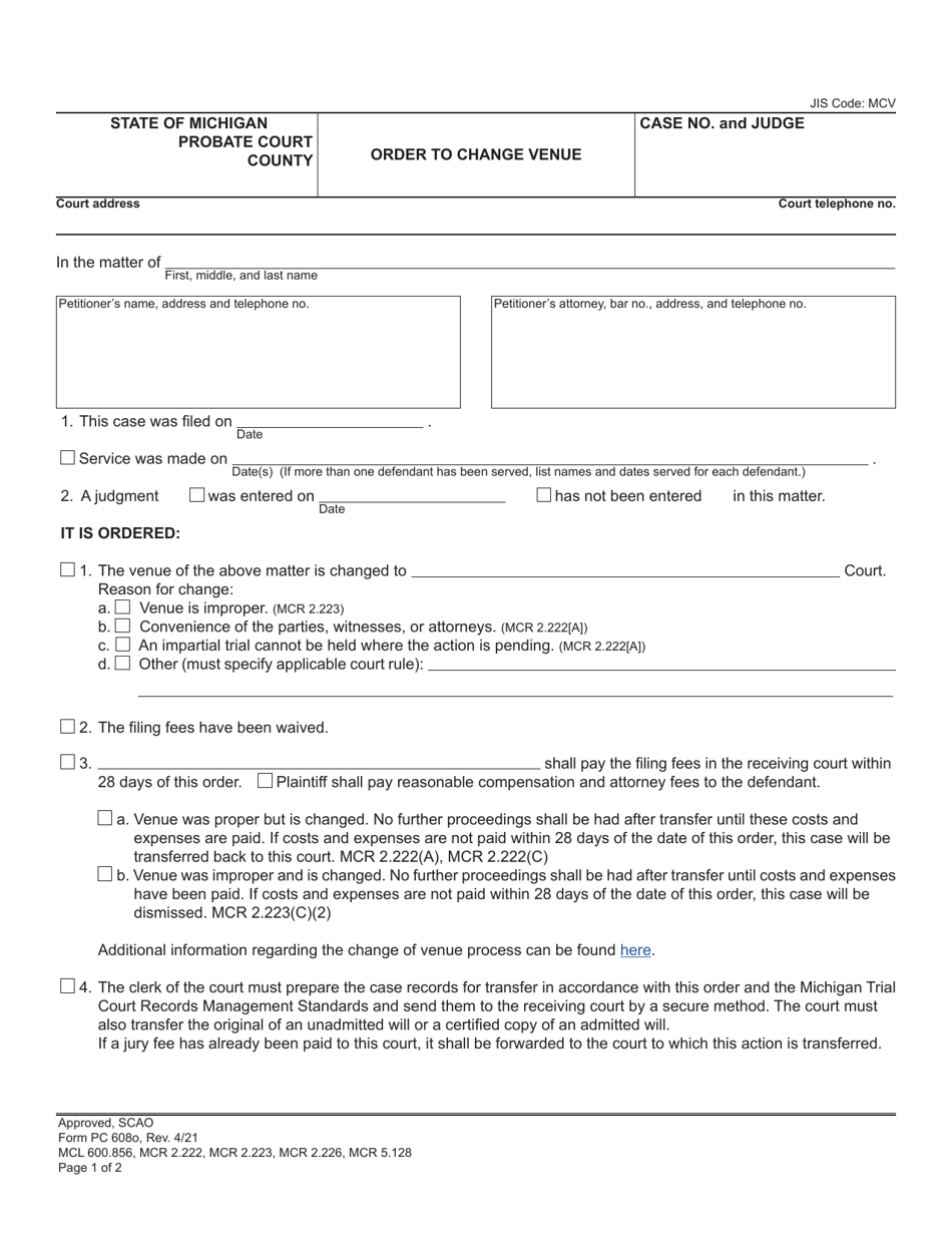 Form PC608O Order to Change Venue - Michigan, Page 1