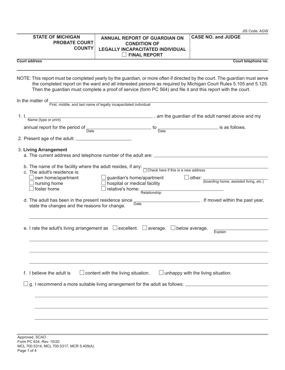 Form PC634 Annual Report of Guardian on Condition of Legally Incapacitated Individual - Michigan, Page 1