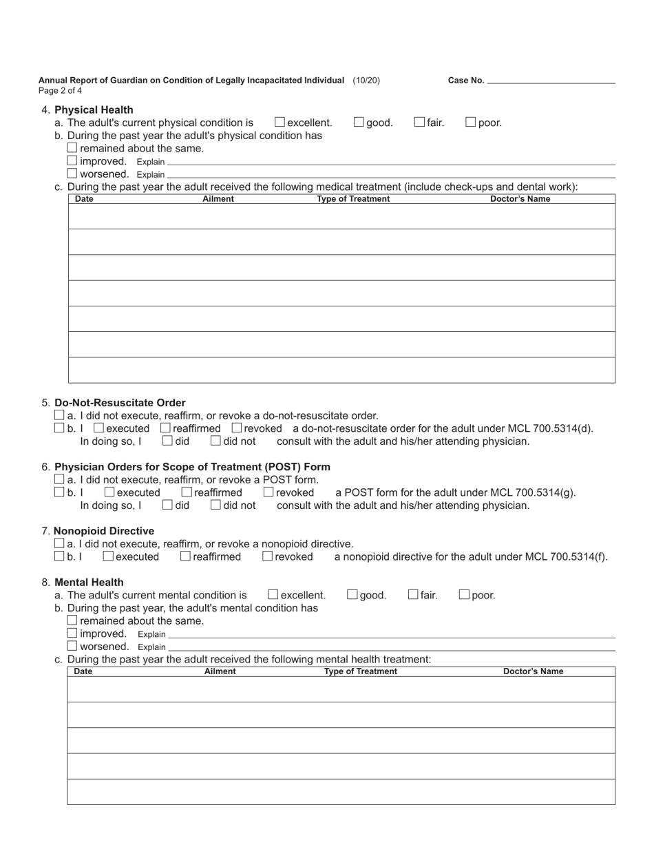 Form PC634 Annual Report of Guardian on Condition of Legally Incapacitated Individual - Michigan, Page 2