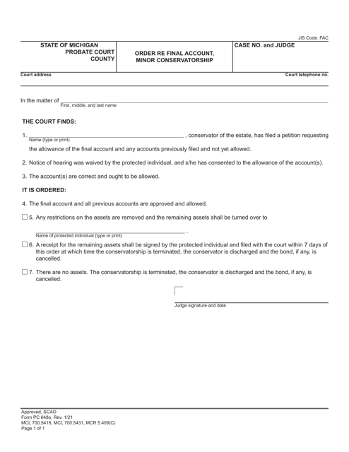 Form PC648O Order Re Final Account, Minor Conservatorship - Michigan