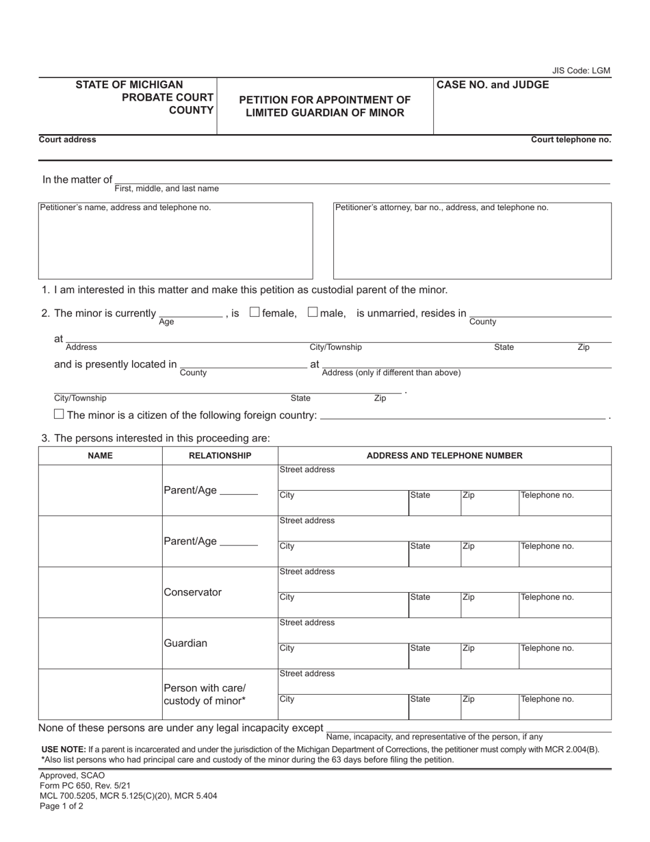 Form PC650 Petition for Appointment of Limited Guardian of Minor - Michigan, Page 1