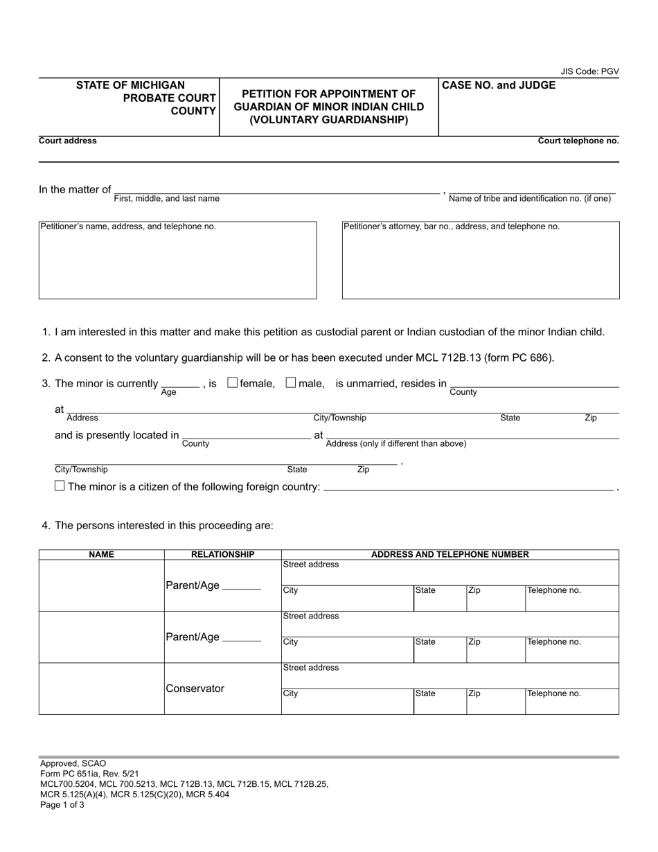 Form PC651IA Petition for Appointment of Guardian of Minor Indian Child (Voluntary Guardianship) - Michigan, Page 1