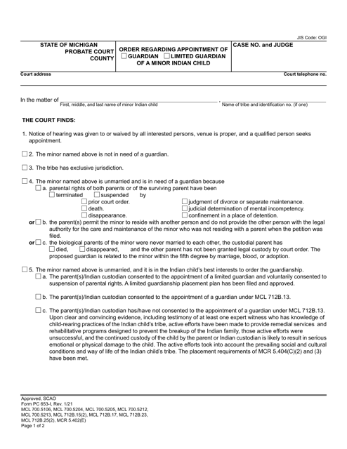 Form PC653-I Order Regarding Appointment of Guardian/Limited Guardian of a Minor Indian Child - Michigan