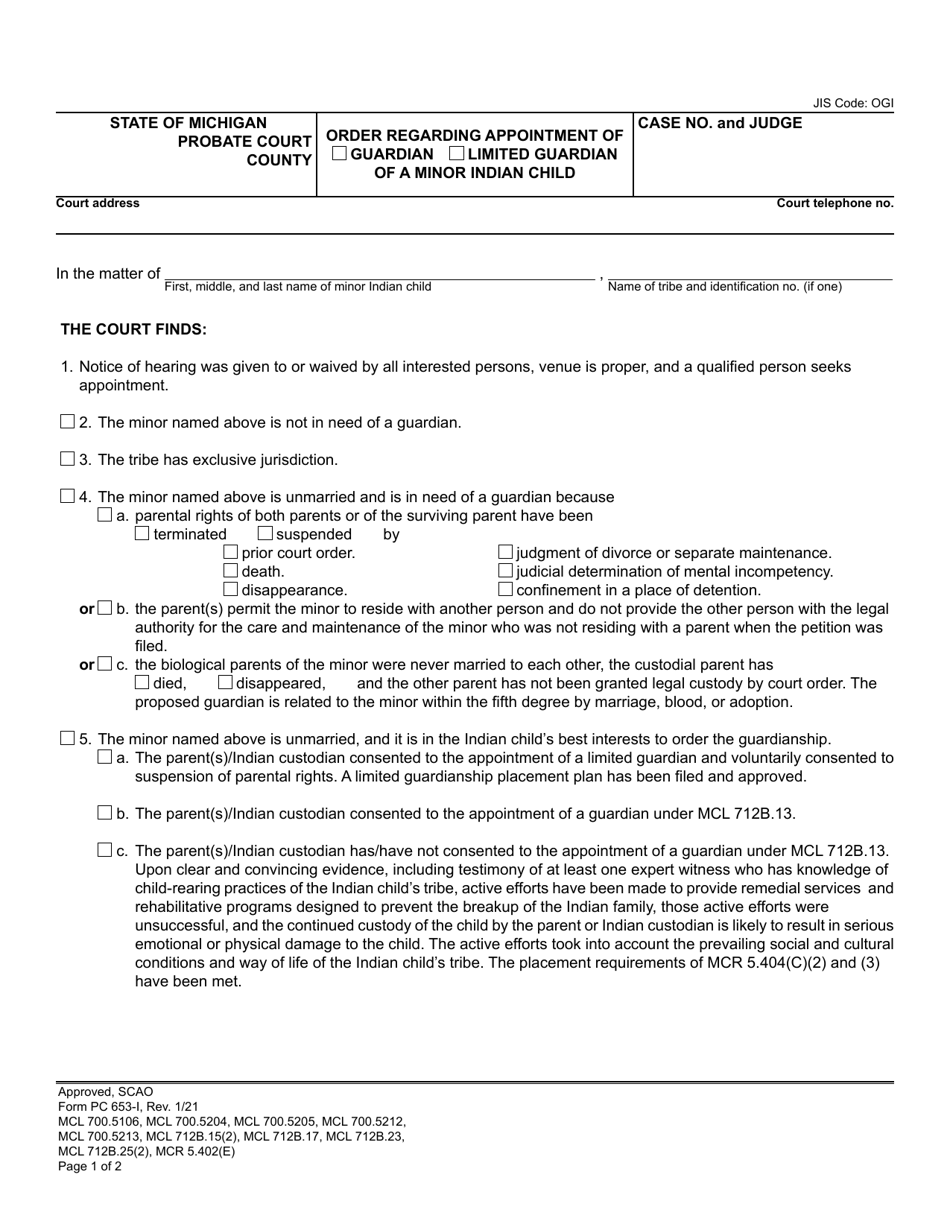 Form PC653-I Order Regarding Appointment of Guardian / Limited Guardian of a Minor Indian Child - Michigan, Page 1