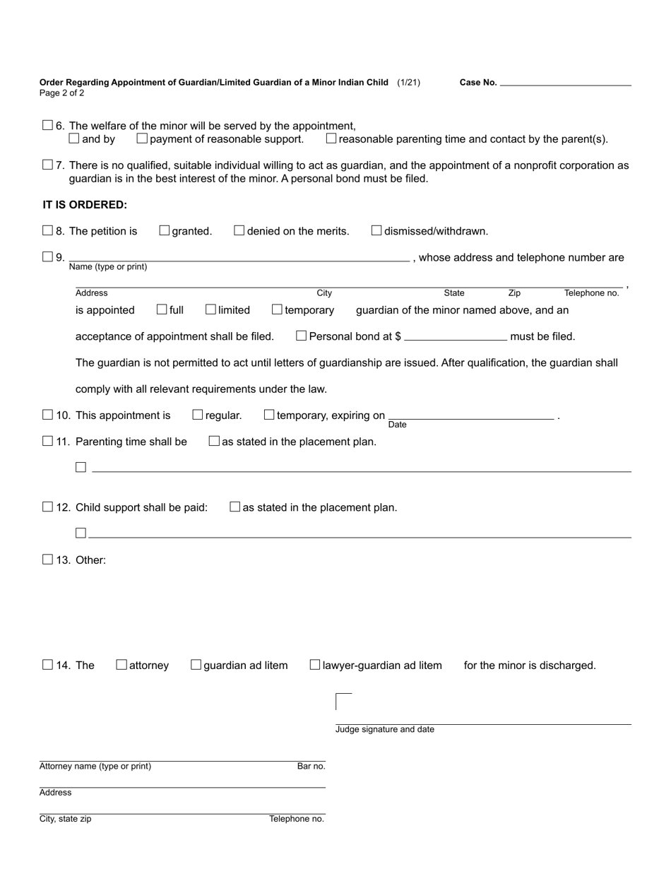 Form PC653-I Order Regarding Appointment of Guardian / Limited Guardian of a Minor Indian Child - Michigan, Page 2