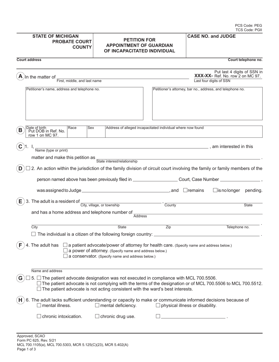 Form PC625 Petition for Appointment of Guardian of Incapacitated Individual - Michigan, Page 1