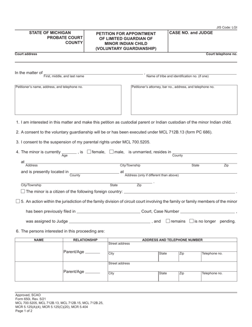 Form PC650I Petition for Appointment of Limited Guardian of Minor Indian Child (Voluntary Guardianship) - Michigan