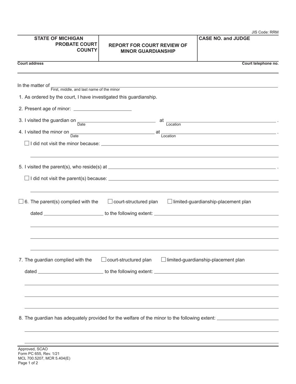 Form PC655 Report for Court Review of Minor Guardianship - Michigan, Page 1