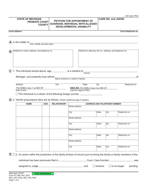 Form PC658 Petition for Appointment of Guardian, Individual With Alleged Developmental Disability - Michigan