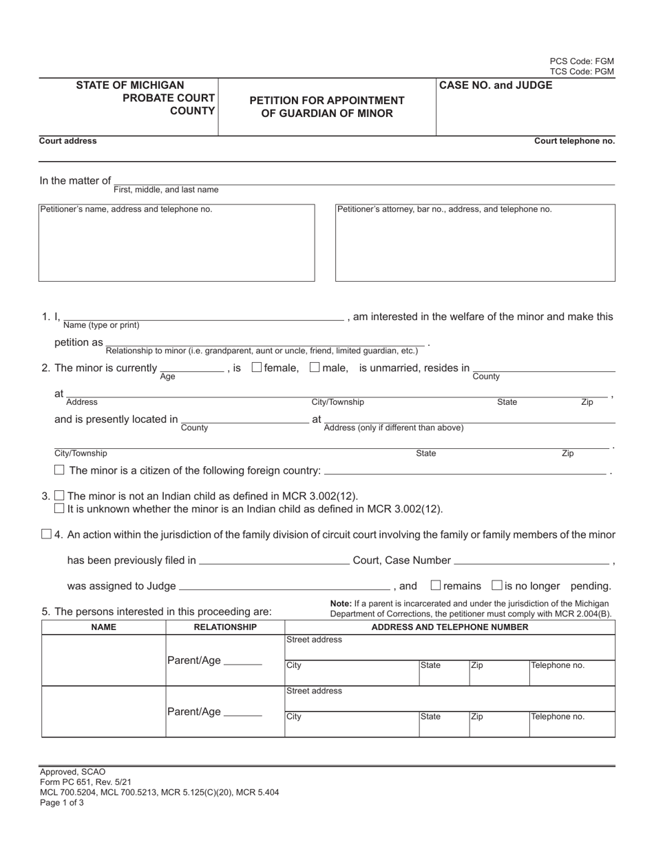 Form PC651 Petition for Appointment of Guardian of Minor - Michigan, Page 1