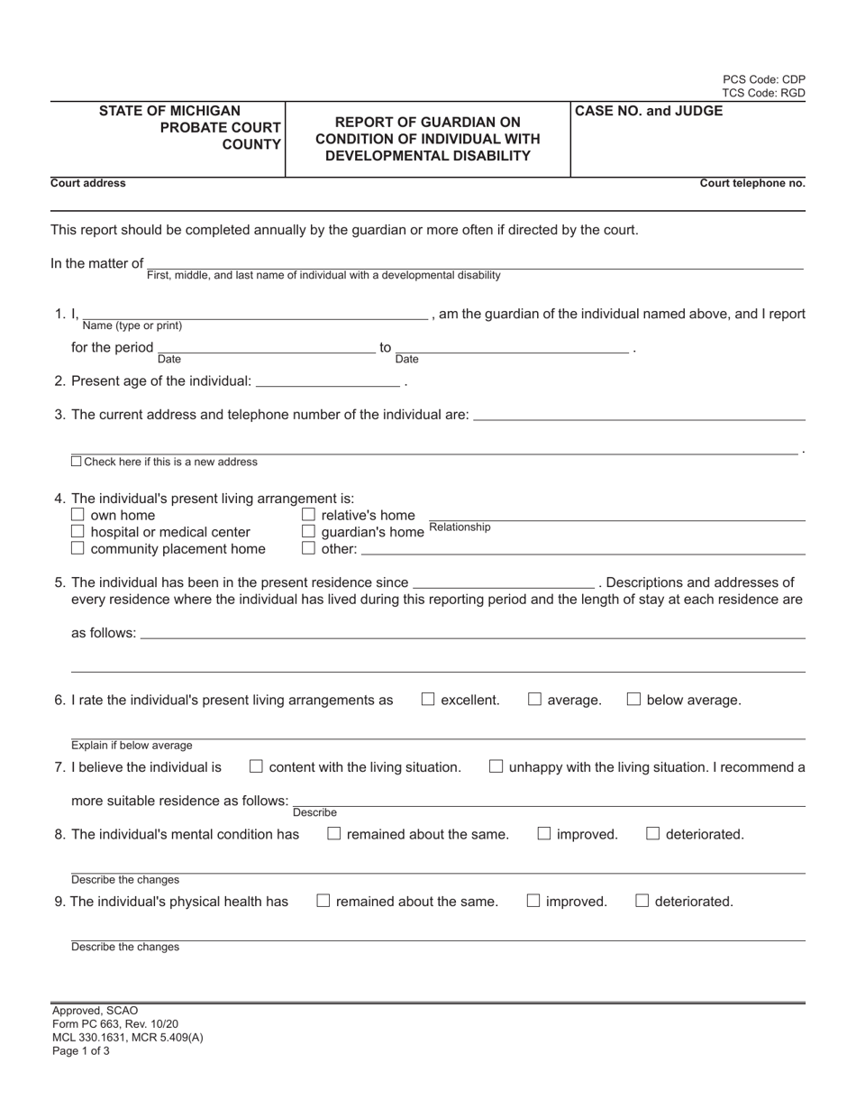 Form PC663 Report of Guardian on Condition of Individual With Developmental Disability - Michigan, Page 1