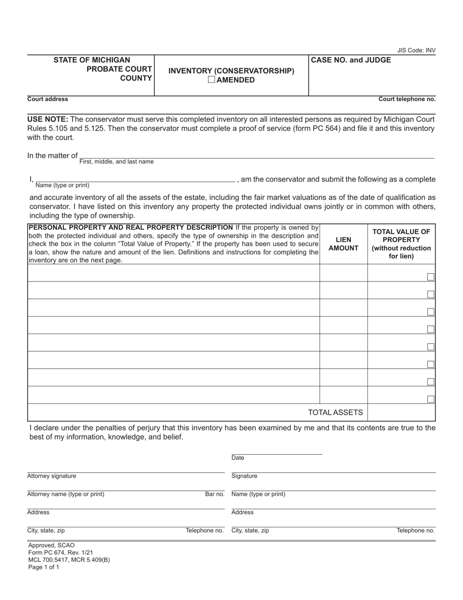 Form PC674 Inventory (Conservatorship) - Michigan, Page 1