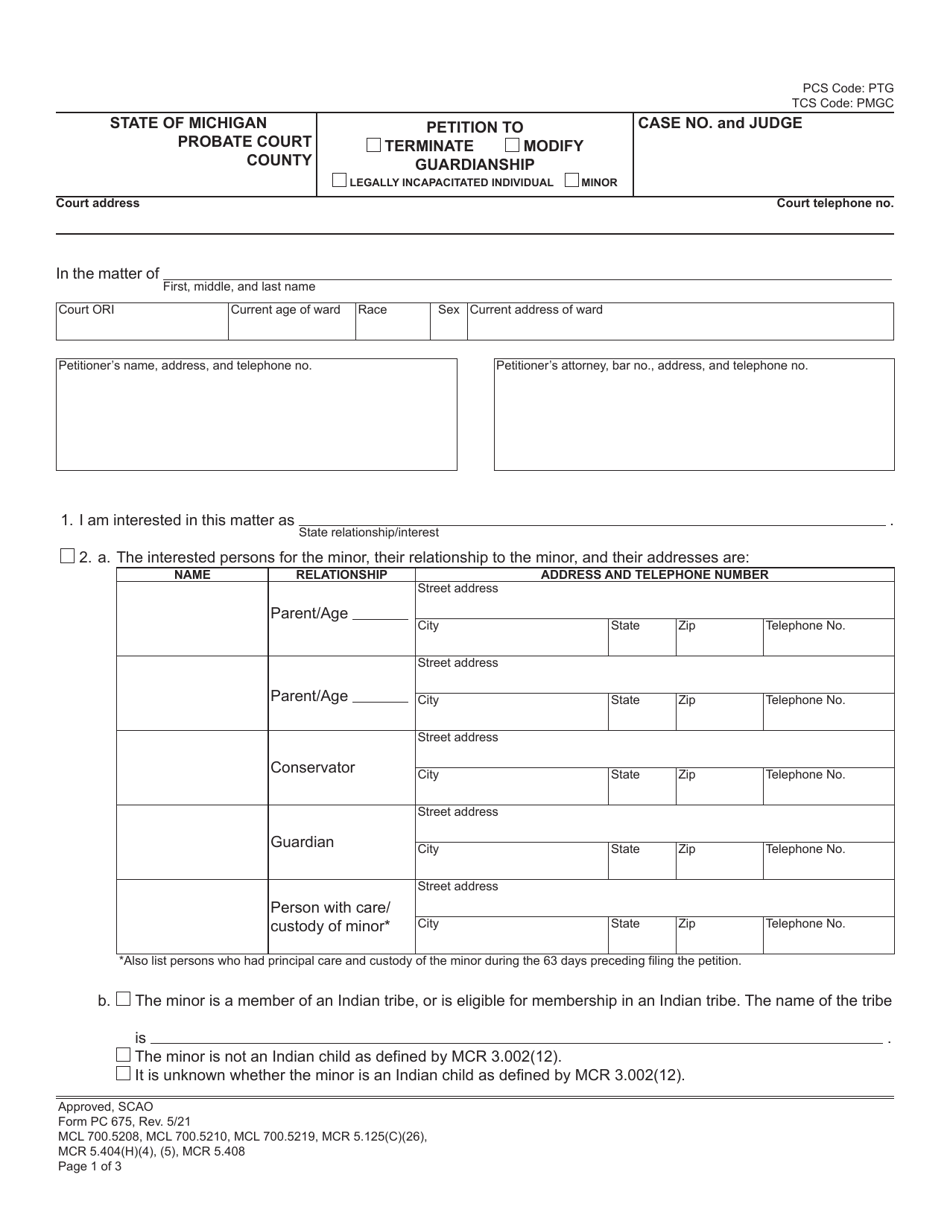 Form PC675 Petition to Terminate / Modify Guardianship - Michigan, Page 1