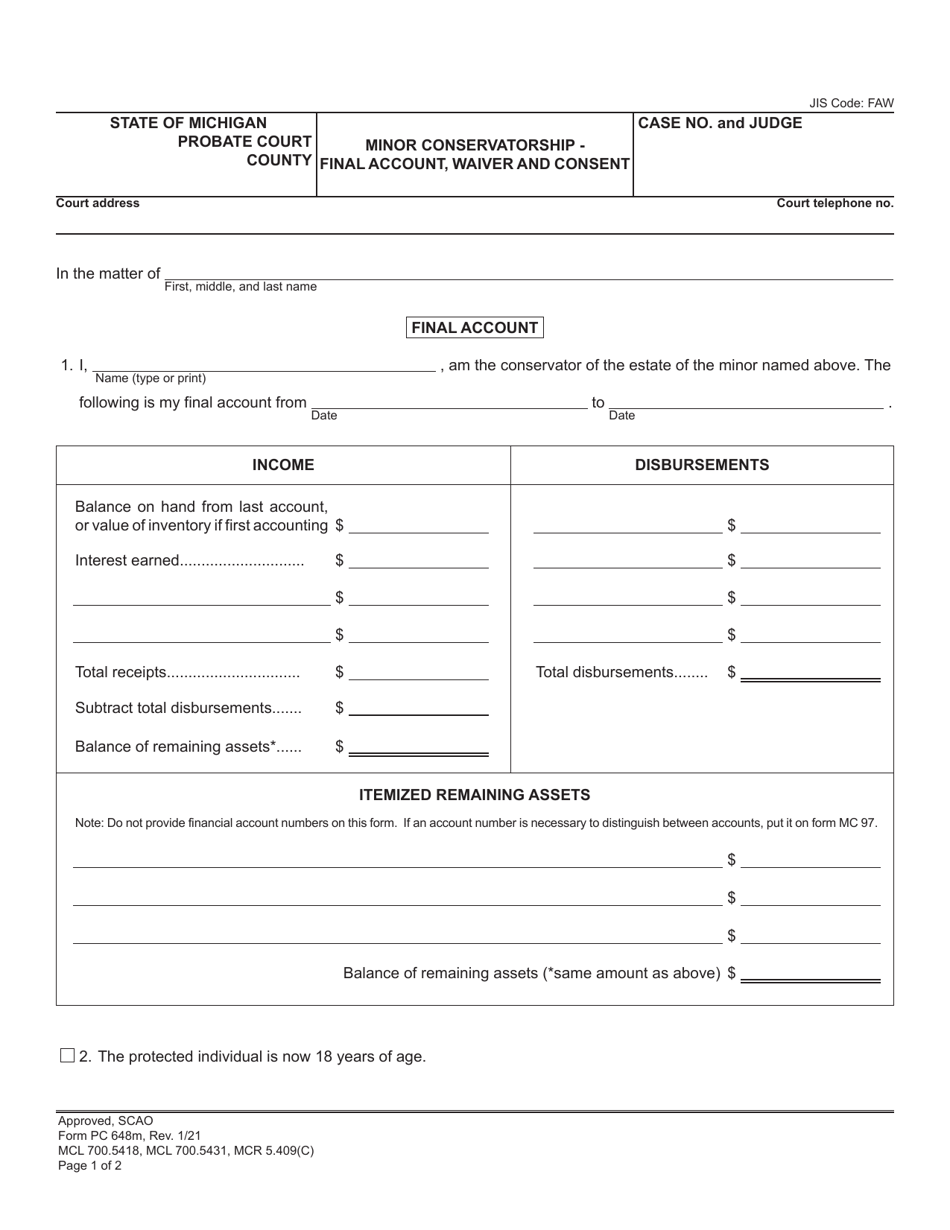 Form PC648M Minor Conservatorship - Final Account, Waiver and Consent - Michigan, Page 1