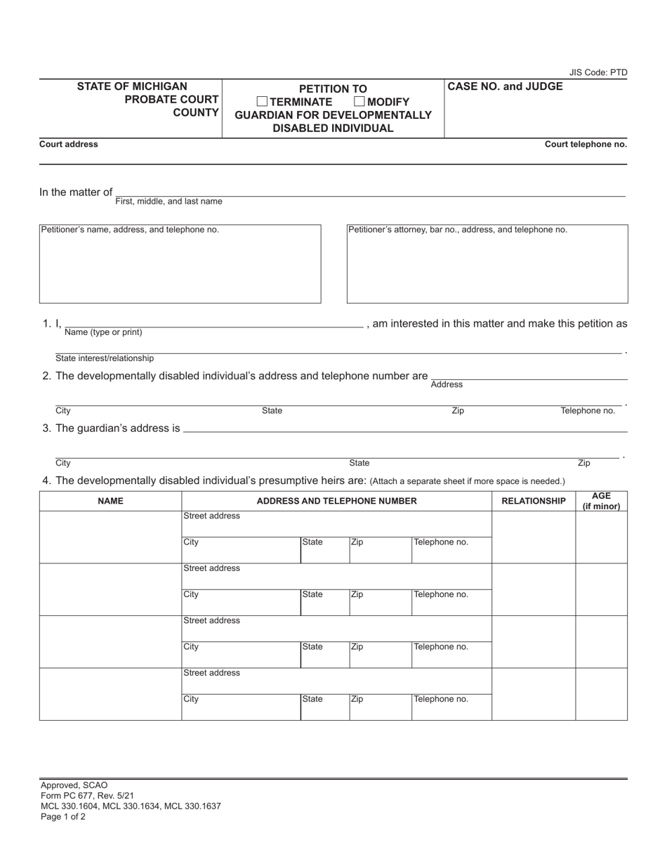 Form PC677 Petition to Terminate/Modify Guardian for Developmentally Disabled Individual - Michigan, Page 1
