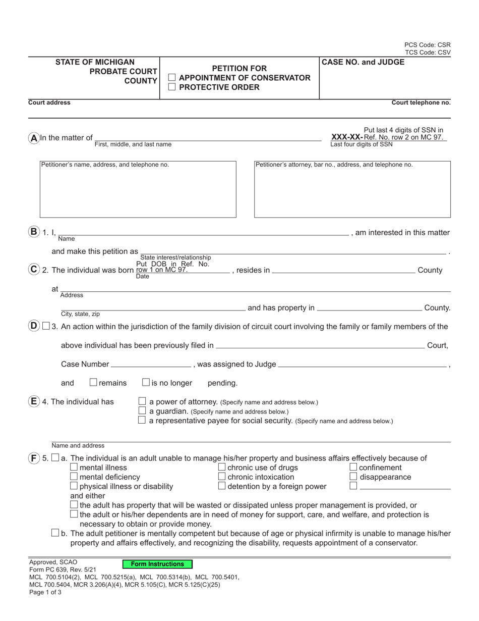 Form PC639 Petition for Appointment of Conservator and / or Protective Order - Michigan, Page 1