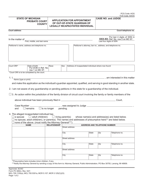 Form PC685M Application for Appointment of Out-of-State Guardian of Legally Incapacitated Individual - Michigan