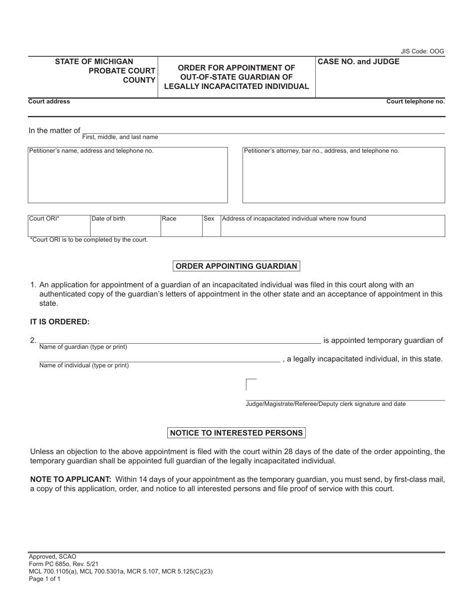 Form PC685O Order for Appointment of Out-of-State Guardian of Legally Incapacitated Individual - Michigan, Page 1