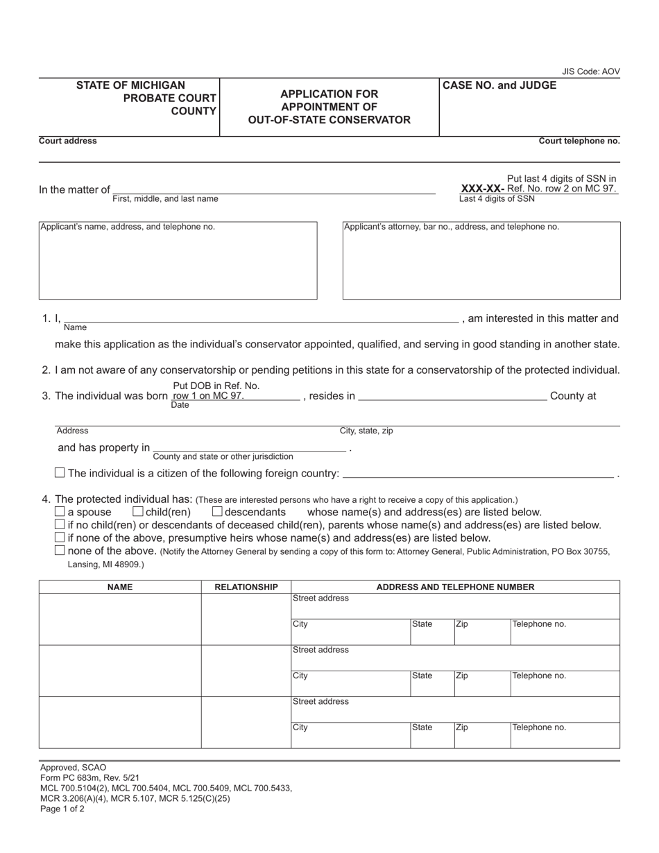 Form PC683M Application for Appointment of Out-of-State Conservator - Michigan, Page 1