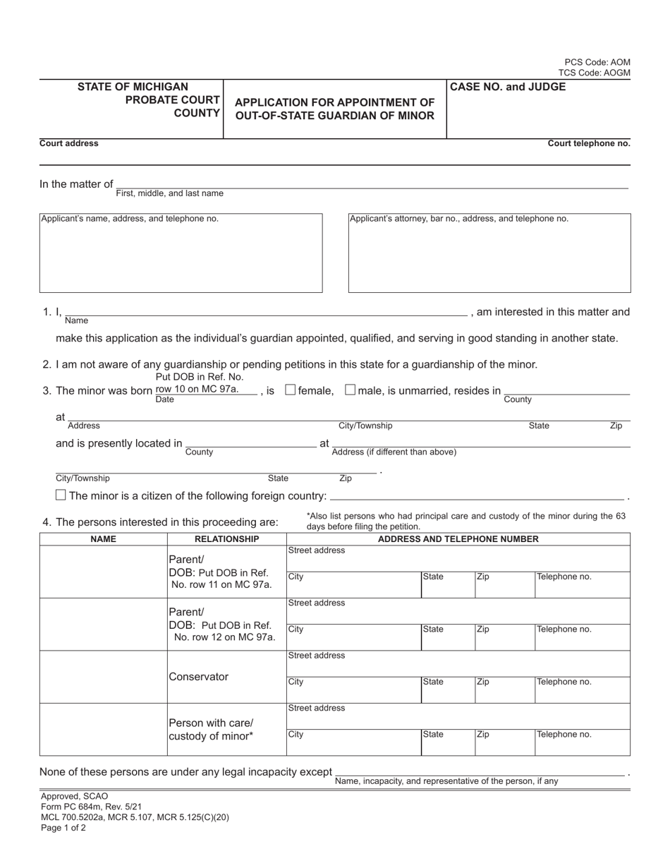Form PC684M Application for Appointment of Out-of-State Guardian of Minor - Michigan, Page 1