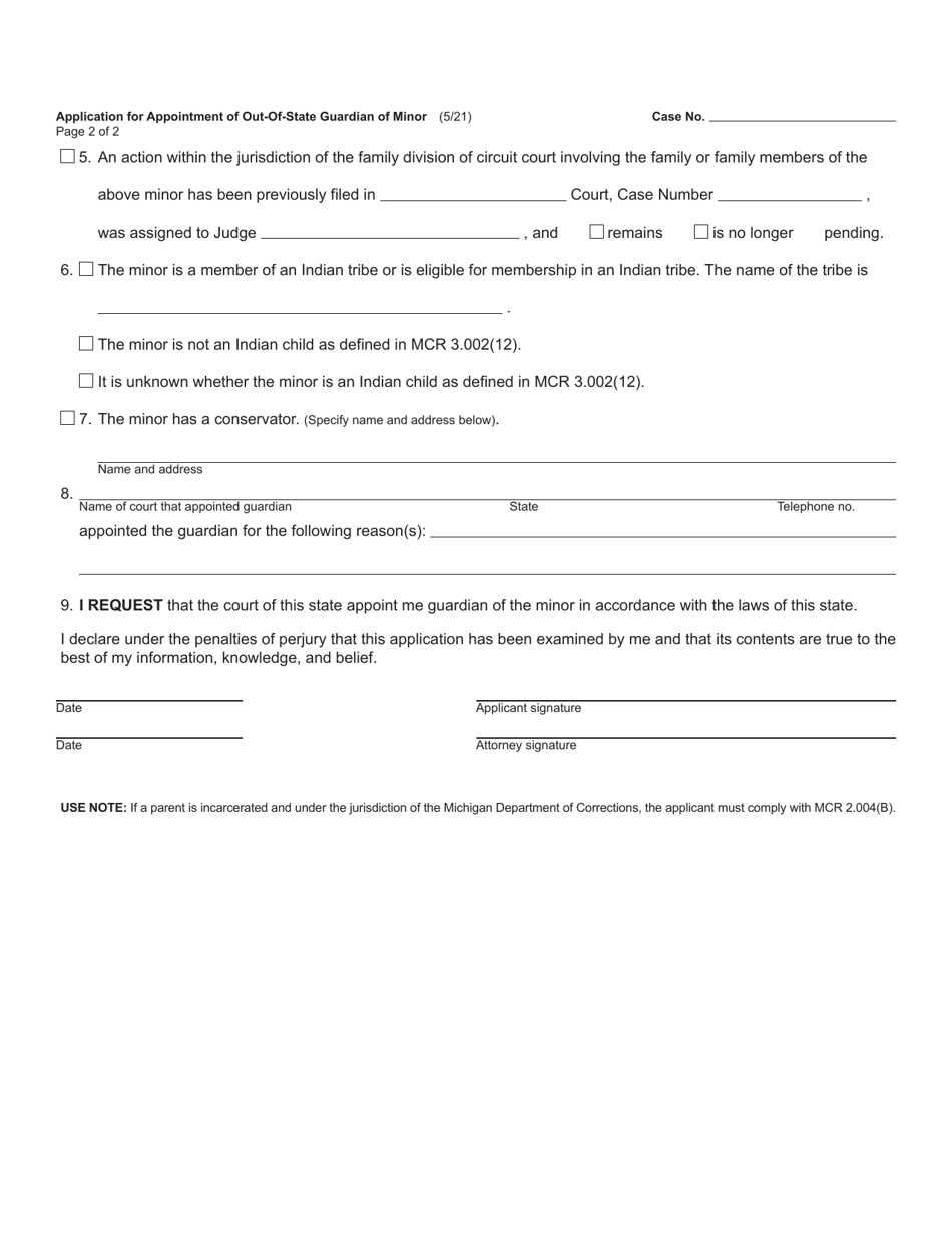 Form PC684M Application for Appointment of Out-of-State Guardian of Minor - Michigan, Page 2