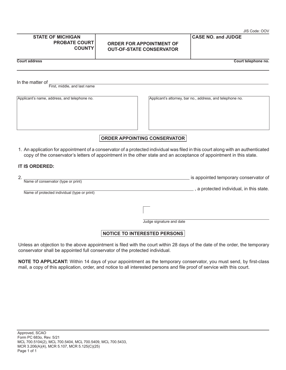 Form PC683O Order for Appointment of Out-of-State Conservator - Michigan, Page 1
