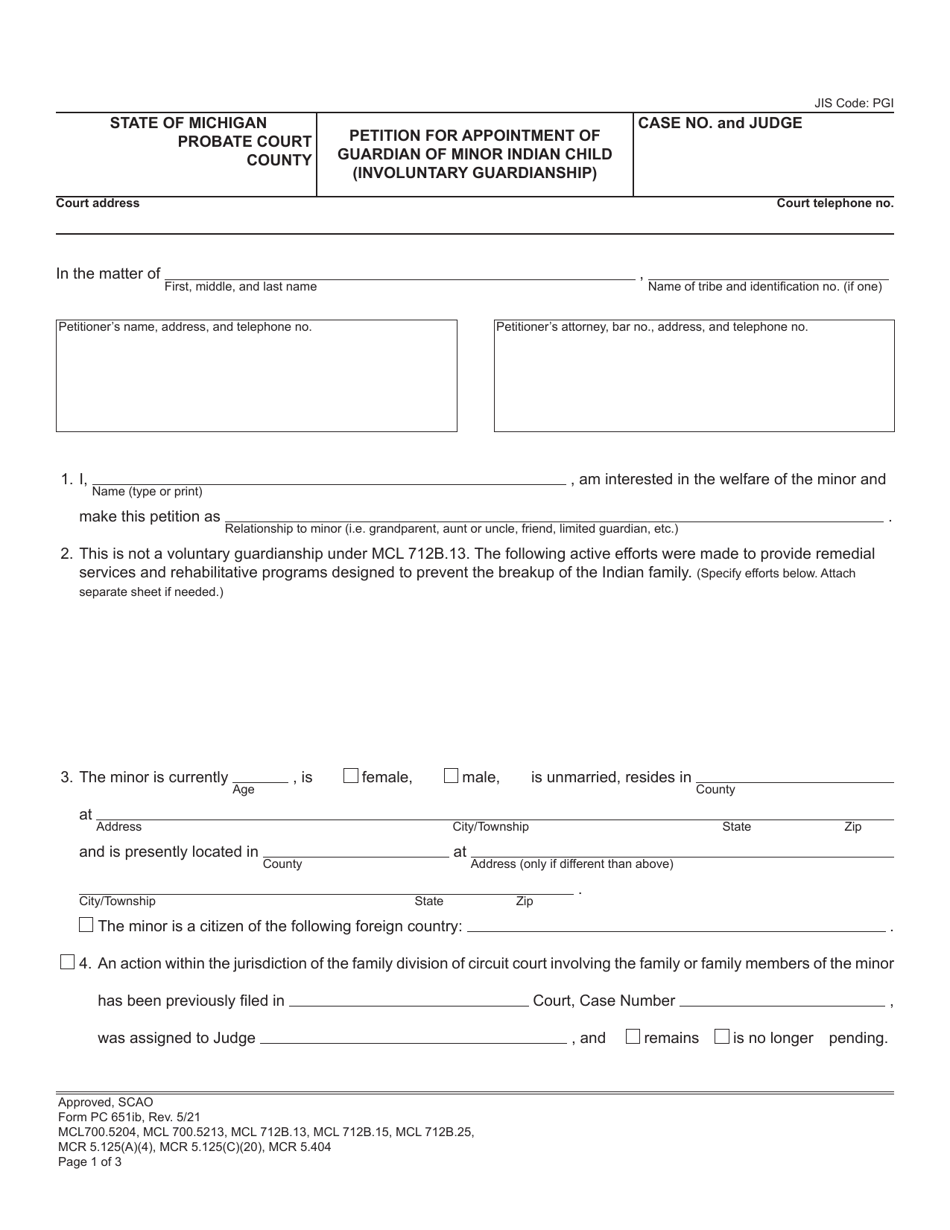 Form PC651IB Petition for Appointment of Guardian of Minor Indian Child (Involuntary Guardianship) - Michigan, Page 1