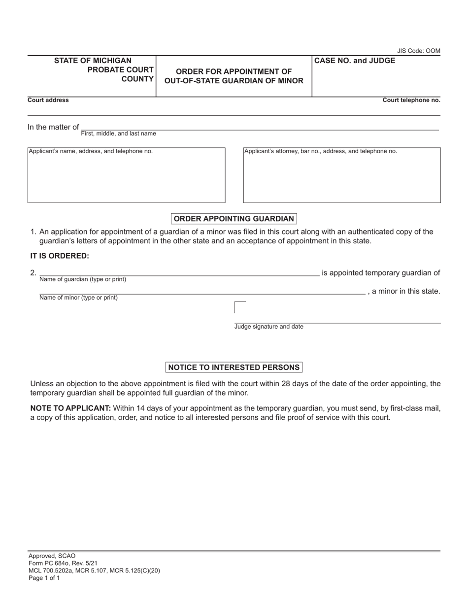 Form PC684O Order for Appointment of Out-of-State Guardian of Minor - Michigan, Page 1