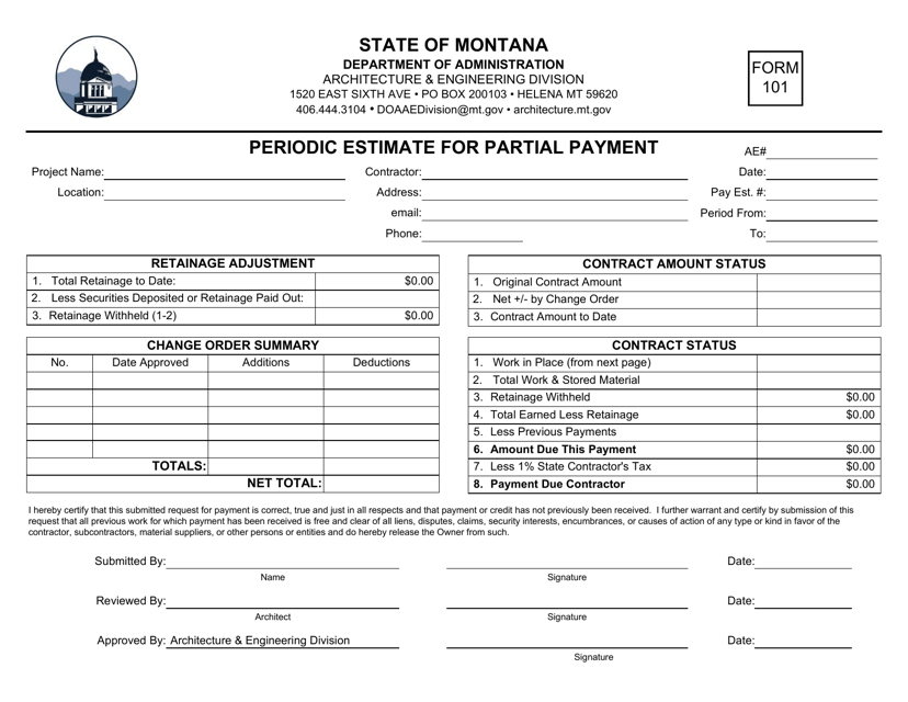 Form 101 Periodic Estimate for Partial Payment - Montana
