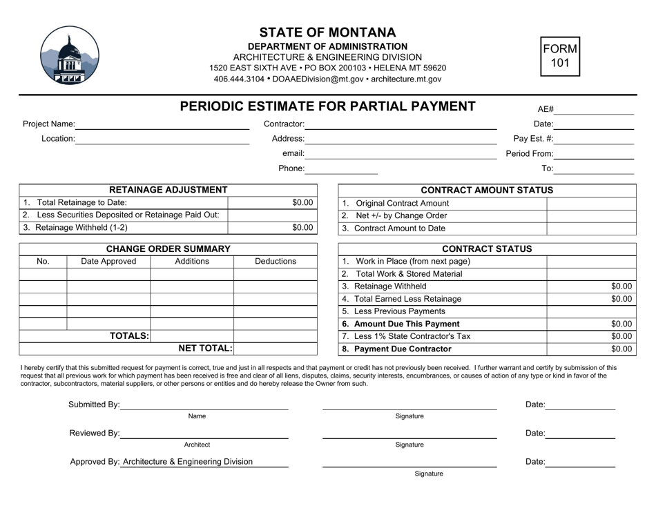 Form 101 Periodic Estimate for Partial Payment - Montana, Page 1