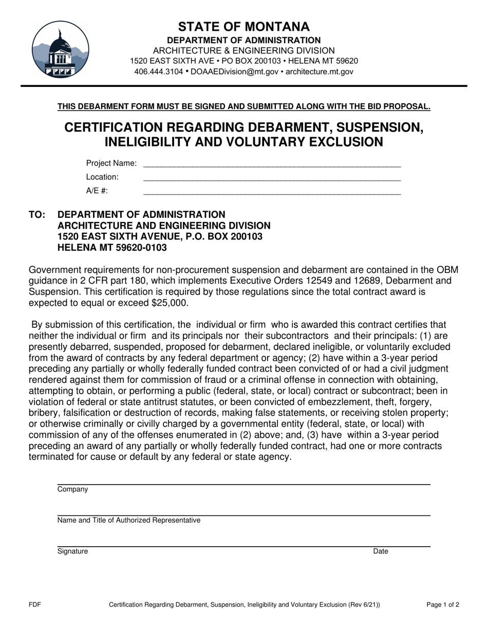 Montana Certification Regarding Debarment, Suspension, Ineligibility