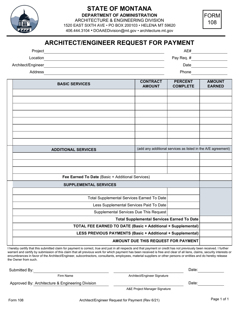 Form 108 Architect / Engineer Request for Payment - Montana, Page 1