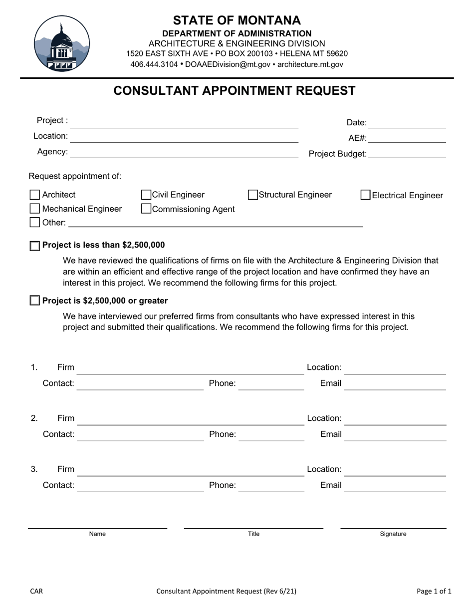 Agency Consultant Appointment Request - Montana, Page 1