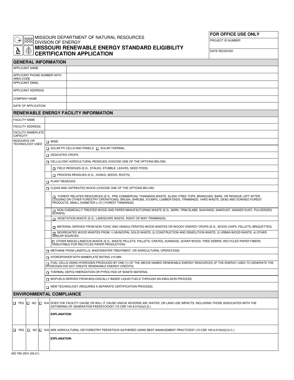 Form MO780-2931 Missouri Renewable Energy Standard Eligibility Certification Application - Missouri, Page 1