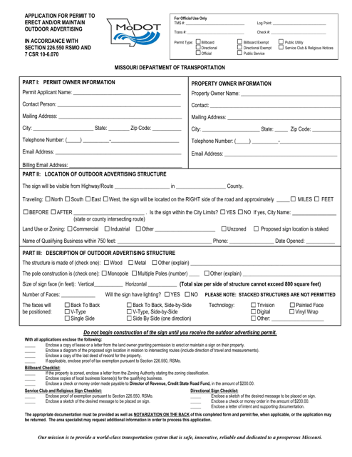 Application for Permit to Erect and / or Maintain Outdoor Advertising - Missouri Download Pdf